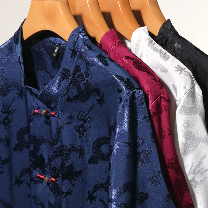Men's China Traditional Dragon Pattern Soft Silk Shirt Summer Fashion Stand Collar Tops Male Short Sleeve Silk Dress
