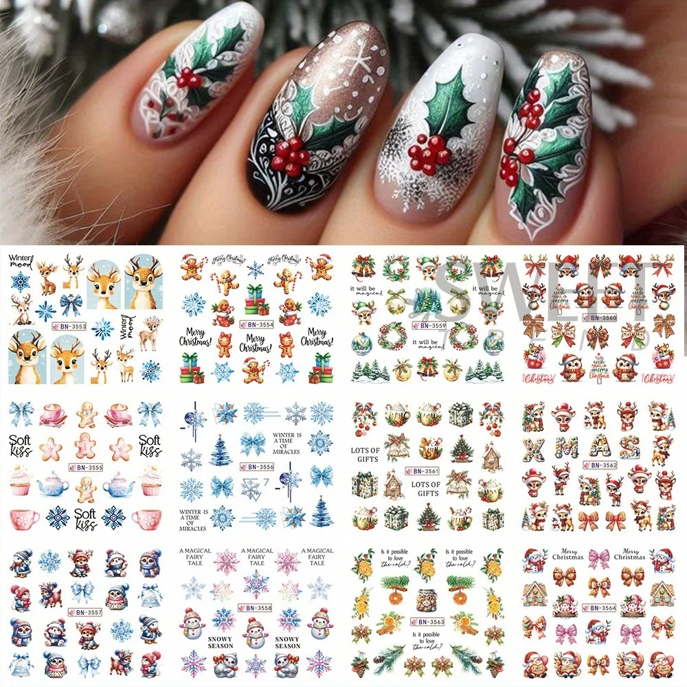 12 Designs Christmas Watermark Nail Stickers Gingerbread Man Deer Bow Snowflake Tree Santa Water Sliders Holiday Manicure Decor