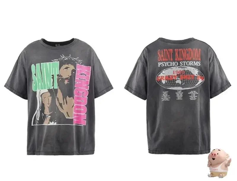 

Футболка Мужская/женская оверсайз с эффектом потертости и надписью «Saint Michael Kingdom»