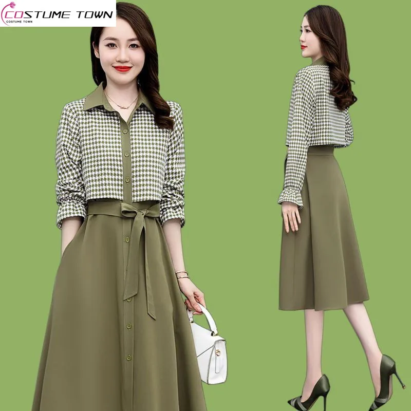 

Temperament Plaid Patchwork Fake Two-piece Dress 2023 Spring/Summer New Waistband Slimming Long Sleeved Korean High-end Skirt