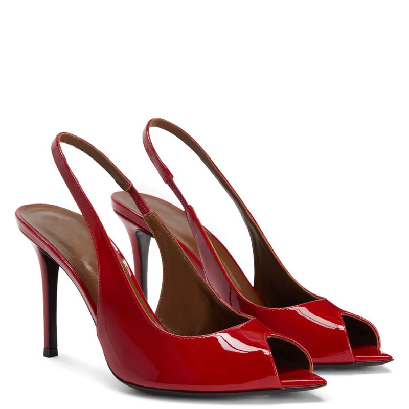 Red Women's Sandals Summer Leather Sexy Peep toe High Heels Luxury Slingback Black Wedding Dance Shoes Ladies Big Size