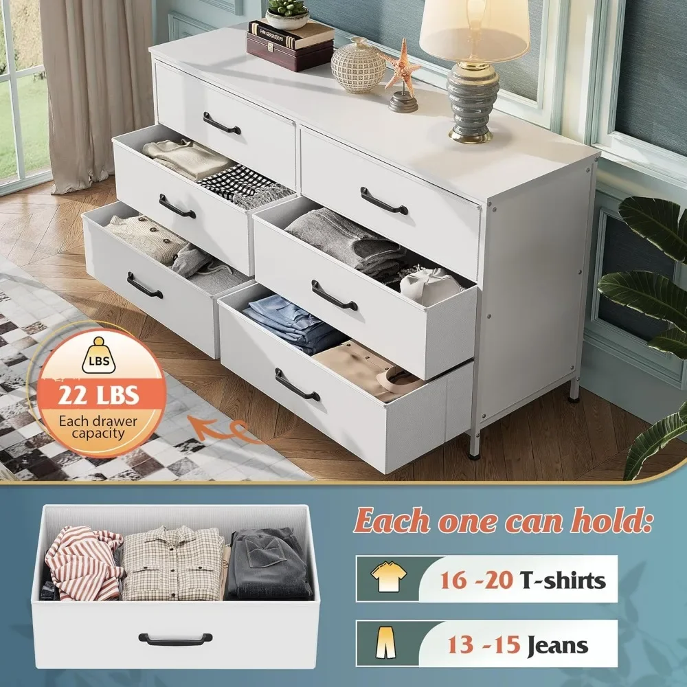 Wide Fabric Dresser, 6 Drawer TV Stand for 60" TV, Dressers Bedroom Furniture Large Storage Tower Unit with Fabric Bins 5
