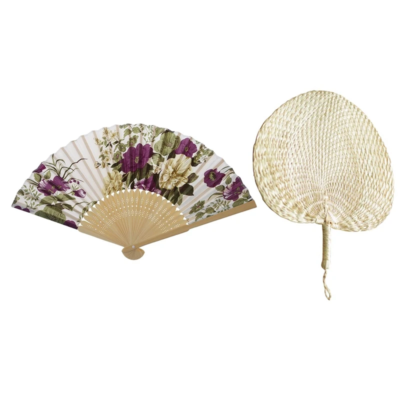 

2Pcs Summer Hand Fan: 1 Pcs Women's Wedding Floral Folding Hand Fan & 1 Pcs Baby Mosquito Repellent Fan Straw Hand Fans