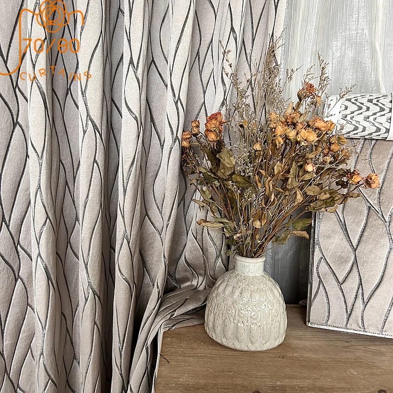 

Customized Texture Jacquard Grey Brown Thickened Blackout Curtains for Living Room French Window Bedroom Finished Products