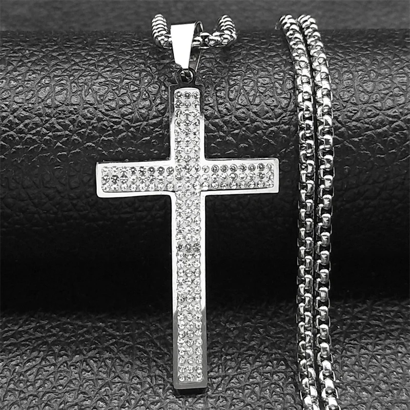 Trendy Kreuz Strass Anhänger Halskette Für Frauen Männer Edelstahl Silber Farbe Religion Katholischen Kette Schmuck Geschenke