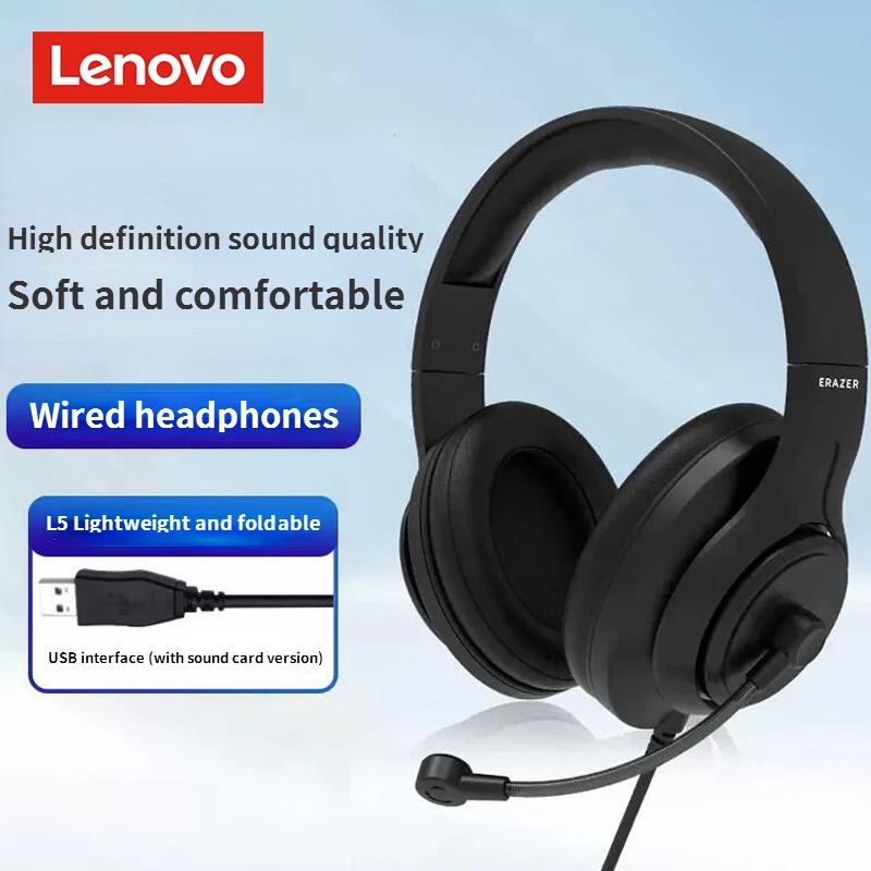 

Lenovo with Microphone Headphones for Computer Esports Games Dedicated Black 3.5mm Wired Head Mounted High Fidelity USB Earphone