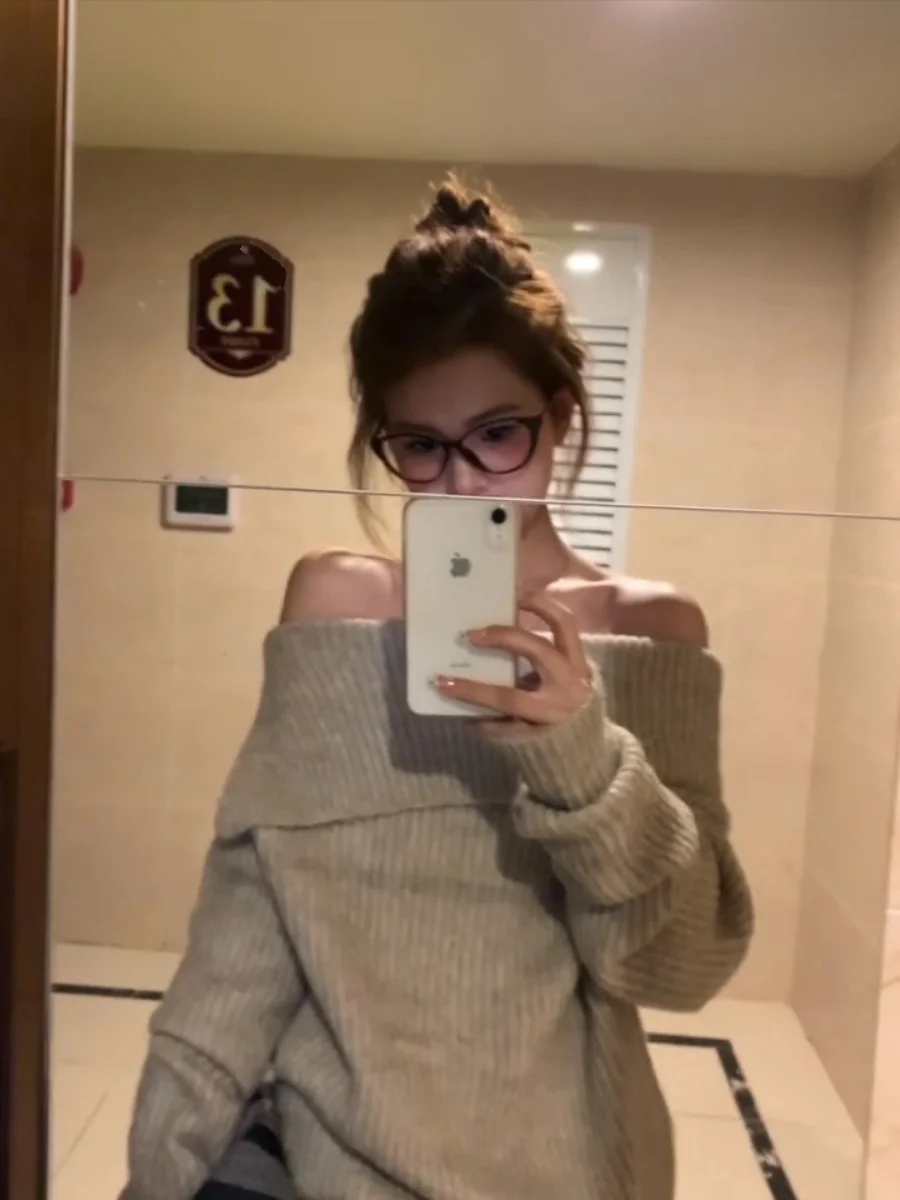 Ele Loose Knitted Sweater oulder Bared Large Collar Women's Autumn Winter Warm Thiened Casual Sle Pure Color Top