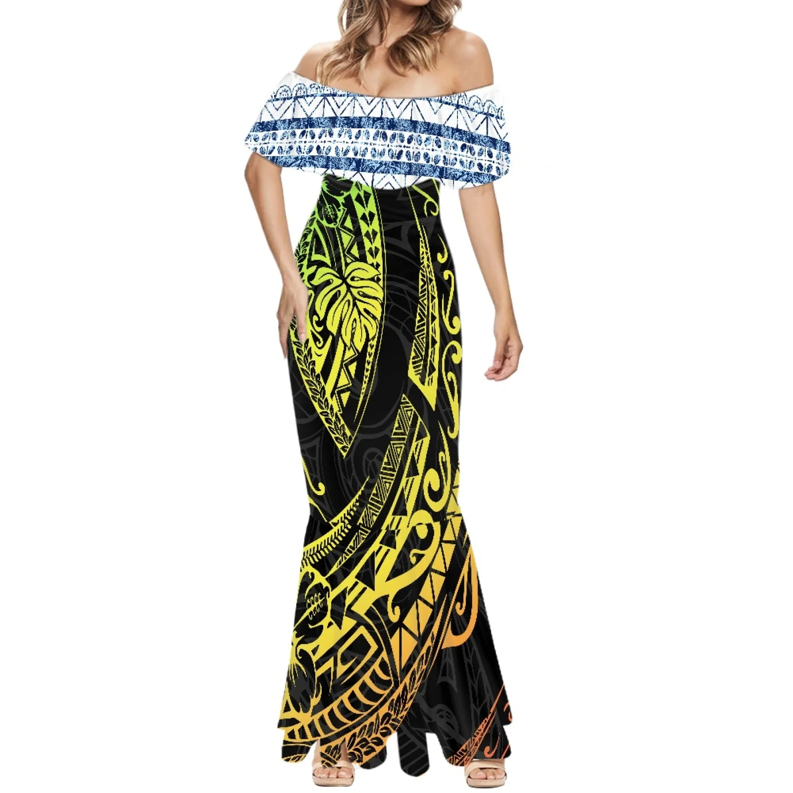 

Polynesian Tribal Hawaiian Totem Tattoo Hawaii Prints Hot Sale Sexy Backless Colorful Hibiscus ​Flower Designs Fishtail Dress