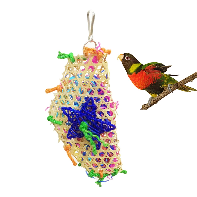 Parrot Toy Bird Toy Bird Toys with Multicolored Natural Wooden Blocks Bells and Durable Rope Cage Hanging Chewing Sticks Toys for Parrot Cockatiels