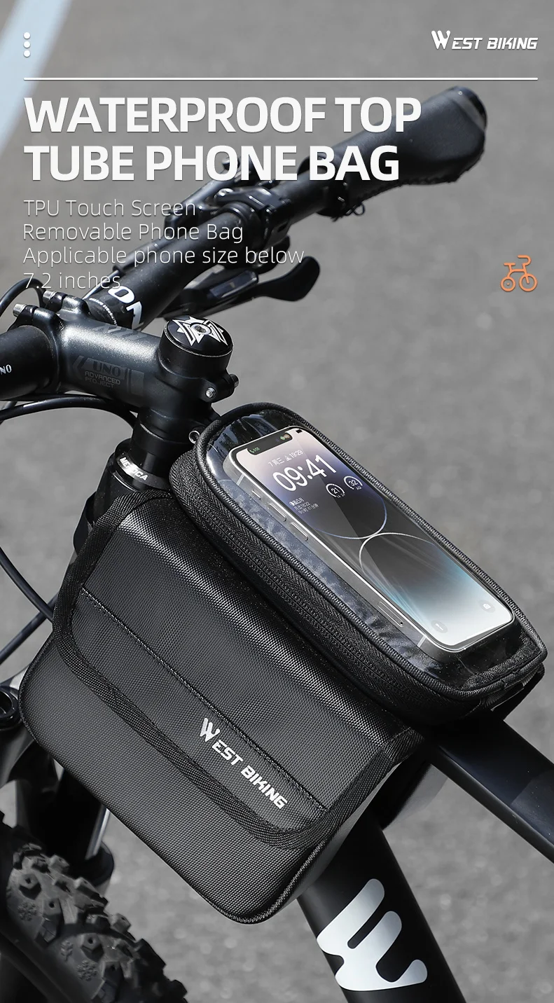 WEST BIKING Waterproof Bicycle Front Frame Bag Double Pouch & 7.2 Inch Phone Touch Screen Bag Cycling Travel MTB Top Tube Bag