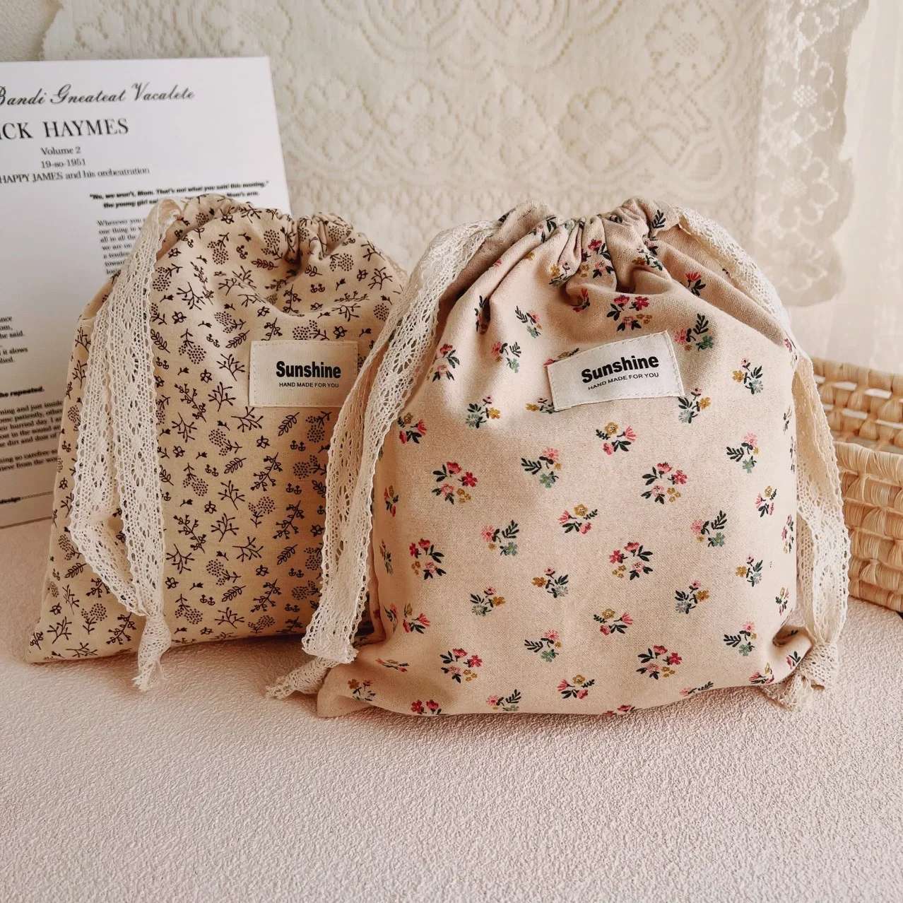 Printed Flower Mommy Bag Baby Diaper Bag Cotton Nappy String Pocket Stroller Carry Pack Travel Outdoor Diaper Storage