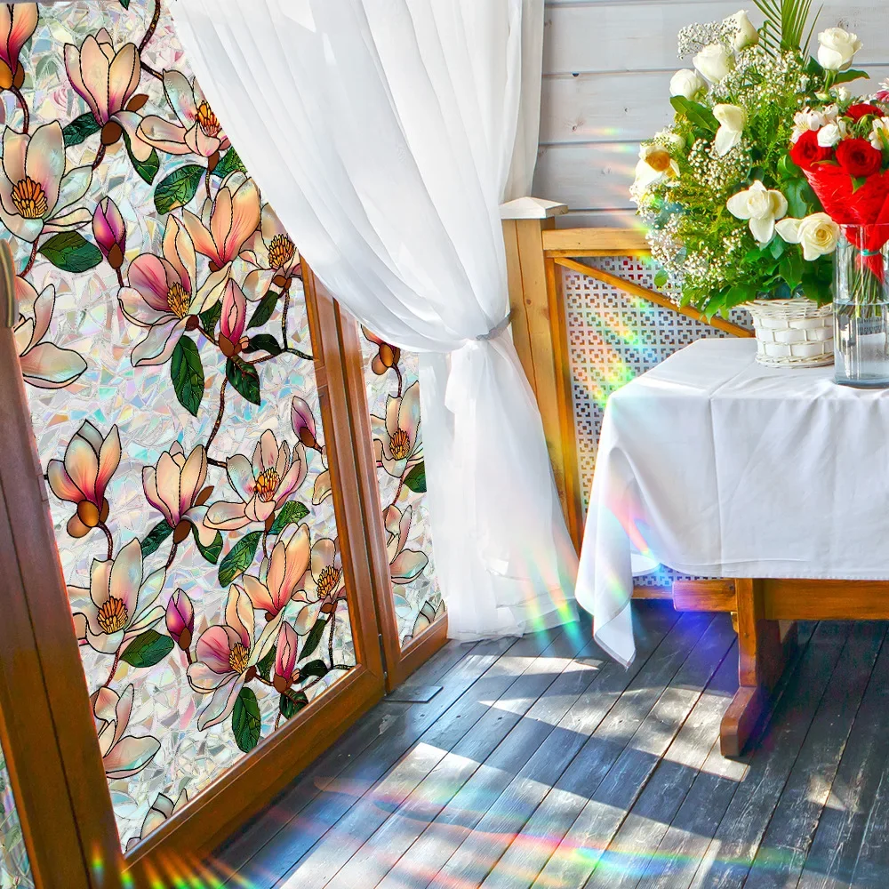 Rainbow Magnolia Window Cling Sticker 43x100cm Removable Static Cling Window Film Decorative Flower Vinyl for Home, Office, Cafe