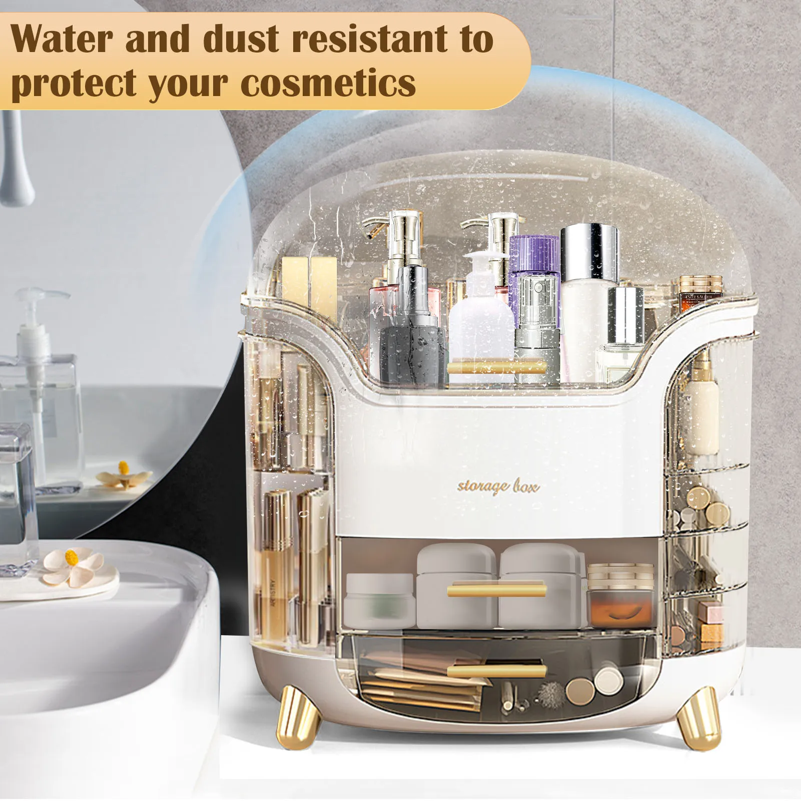 Makeup Organizer and Storage, Cosmetics Organizer Box for Countertop with Lid & Drawers, Cosmetics Skincare Organizers Box with 3