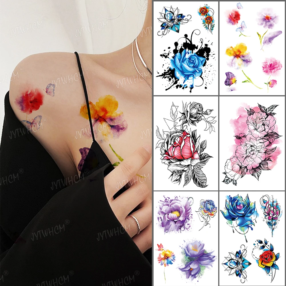 Tatouage Fleur De Lotus Clavicule Tatouage temporaire de clavicule, fleur imperméable, paillettes colorées,  Lotus Rose, aquarelle, fleurs romantiques, Flash, tatouage du bras et du  poignet | AliExpress