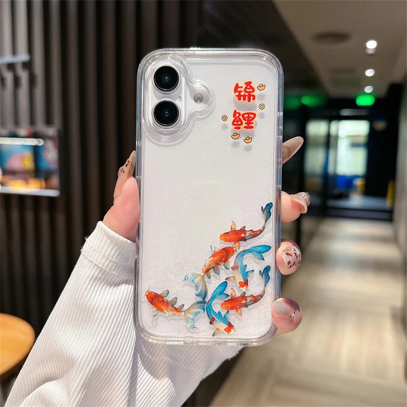 Glitter Quicksand Clear Floating Case with Cute Carp Slider Design