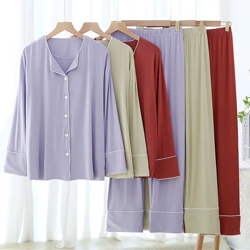

Women's New Long-Sleeved Trousers Modal Pajamas Spring Autumn Loose Home Clothes Female Buttons Shirt Pant Nightwear Set