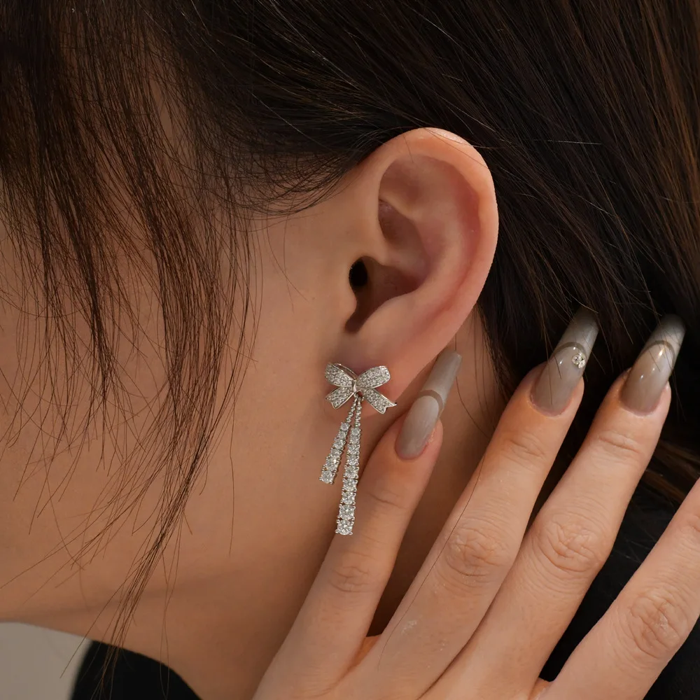 S925 Silver Bow Earrings Women Full Diamond Tassel Earrings Female 5A Zircon Original Design Luxury Jewelry Girl Gift Banquet