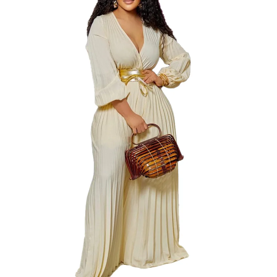 

2022 Summer Fashion African Women Long Sleeve V-neck Polyester Yellow Blue Rose Red Long Jumpsuit African Jumpsuit S-3XL