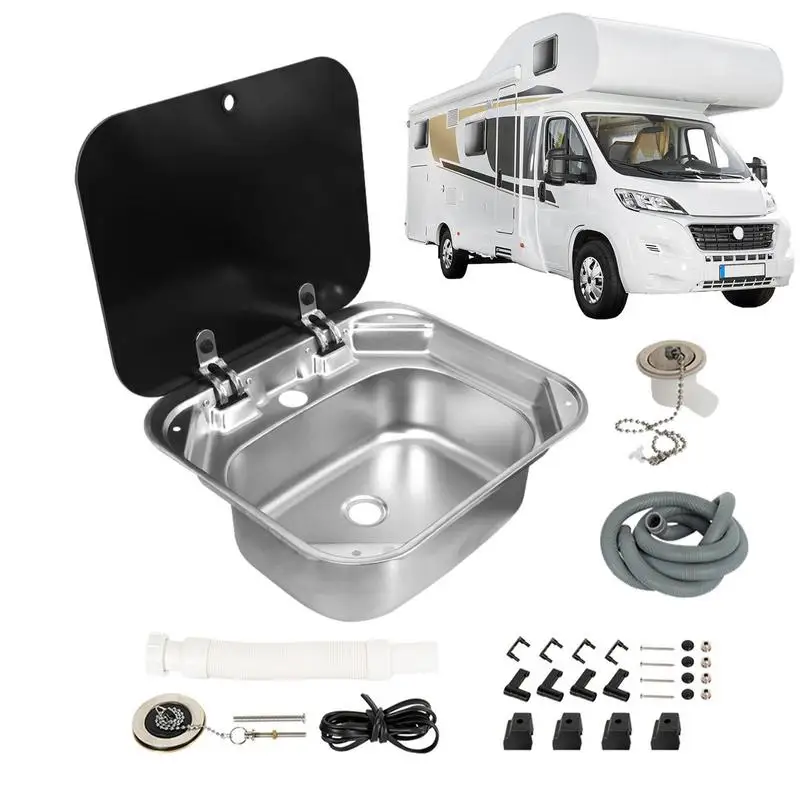 

RV Sink With Cover Glass Lid Foldable For Conversion Campervan Caravan Sink Motorhome Boat Kitchen Stainless Steel 304 RV Sink