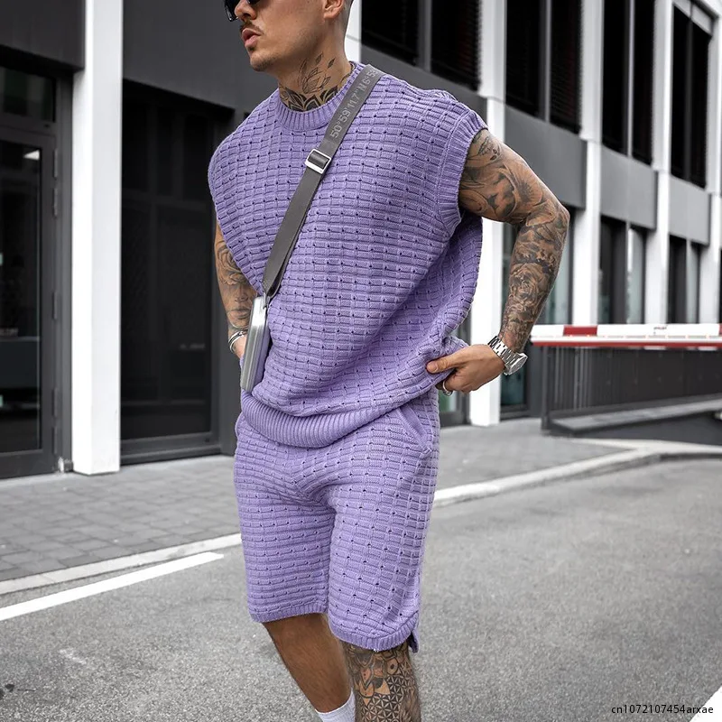 

Men Summer Solid Color Two Piece Sets Knitted Short Sleeve Tops and Drawstring Shorts Leisure Suits Mens Clothing Casual Outfits