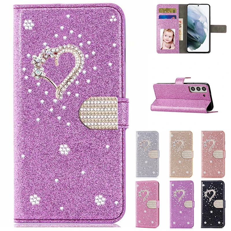 Leather Phone Case For Samsung Galaxy S24 S23 S22 Ultra S21 FE S20 Plus A35 A55 A13 A14 A15 A34 A52 A53 A54 Flip Flash Diamond