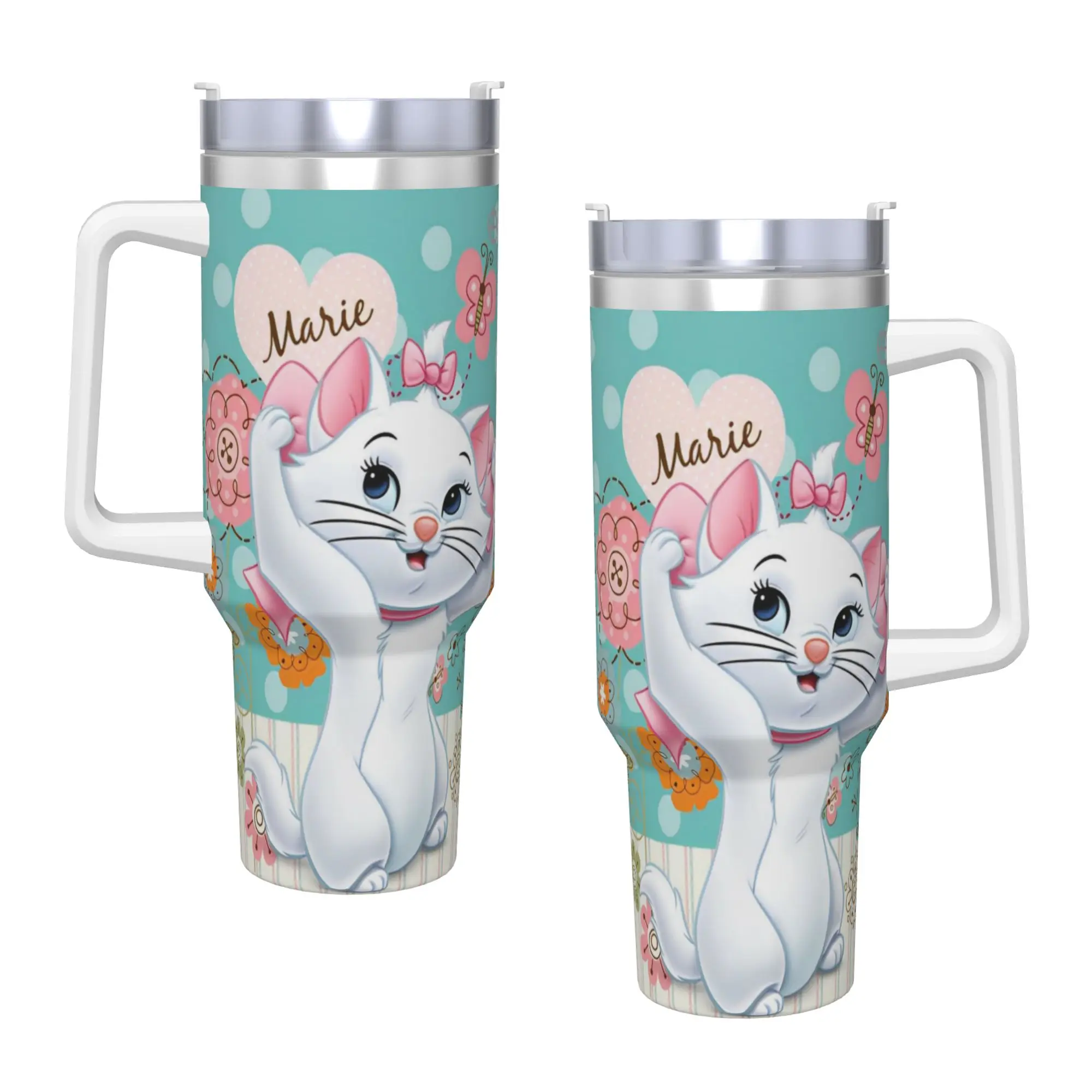 Stainless Steel Aristocats Marie Cat Tumbler with Straw - Large Capacity Thermal Mug