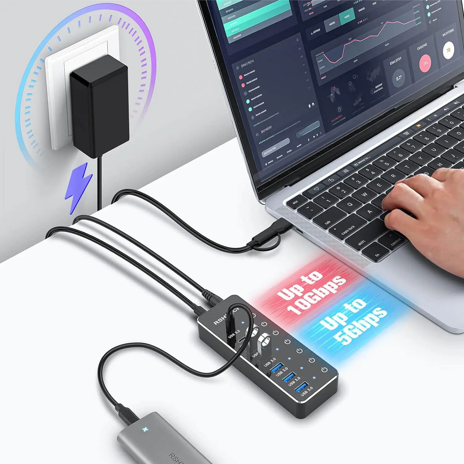 RSHTECH 7-Port Powered USB C Hub with 10Gbps USB-C 3.2 Ports Individual Touch Switches 5V/3A Power Adapter Laptop USB Splitter 2