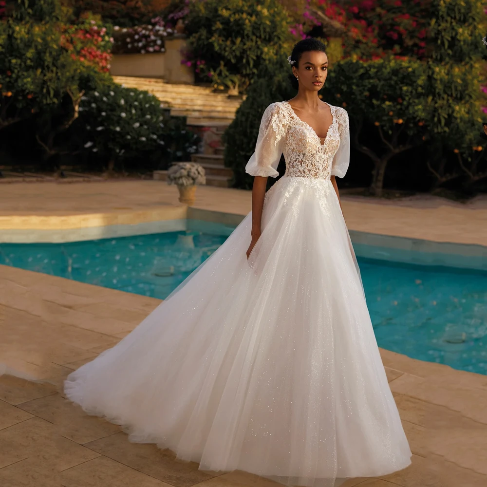 

Elegant Wedding Dresses V Neck Half Sleeves Bridal Gowns Appliques Back Button Floor Length A-lIne Tulle Vestidos De Novia 2024