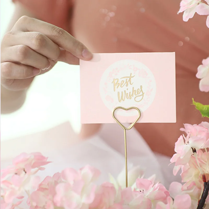 New Floral Greeting Card Holder Stick Flower Bouquet Cake Card Stick Clips Heart Round Shape for Wedding Party Wrapping Supplies