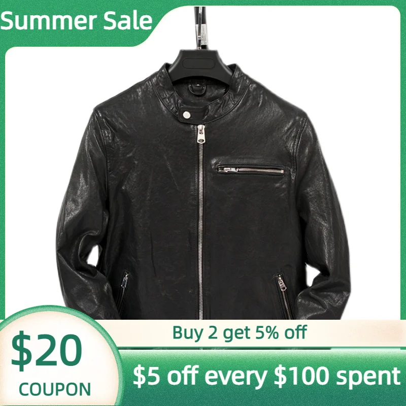 

Jacket Men's Black Spring Motorcycle Style Plus Size 4XL Natural Thin Sheepskin Autumn Slim Fit Genuine Leather Coats
