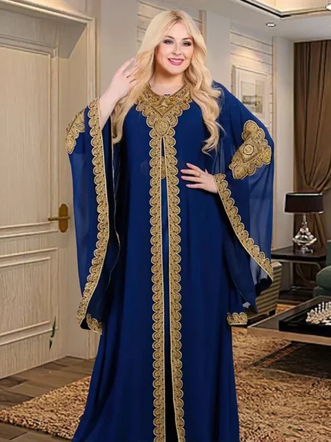 Party Dresses for Women Abaya Muslim Caftan 2 Piece Set Eid Flare Sleeves Robe Embroidered Gold Lace Dress Suit Jalabiya Ramadan 5