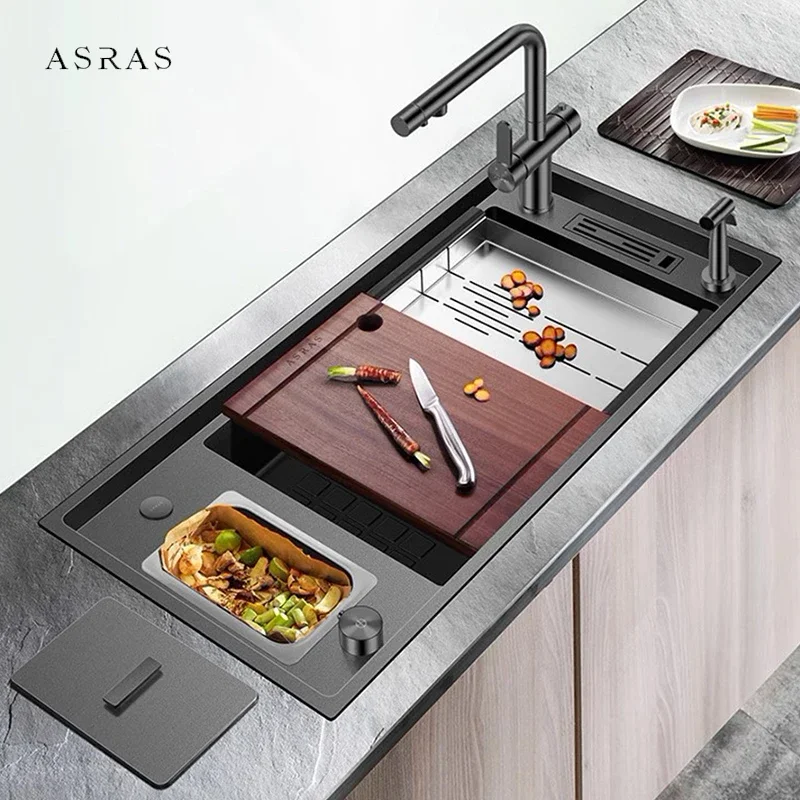 ASRAS Large Size Nanometer Stepped Kitchen Sink 304 Stainless Steel 4mm Thickness Handmade Sinks With Knife Holder And Trash Can 2