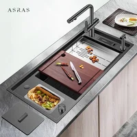 ASRAS Large Size Nanometer Stepped Kitchen Sink 304 Stainless Steel 4mm Thickness Handmade Sinks With Knife Holder And Trash Can 2