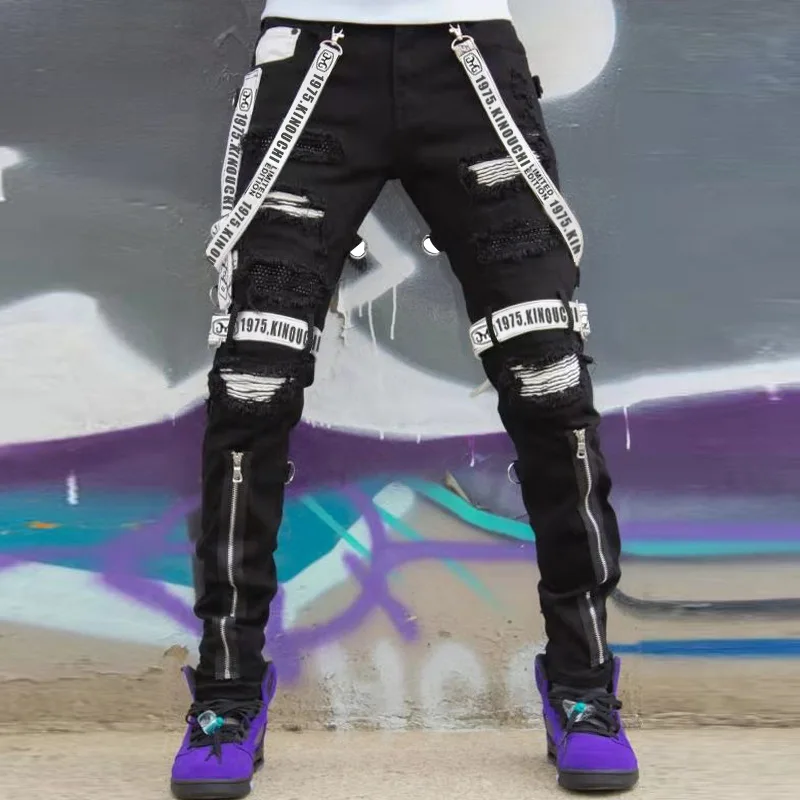 

Black Webbing Cargo Jeans Men Hip Hop Punk Goth Techwear Fashion Mens Ripped Denim Trousers Nightclub Style Skinny Jean Man Pant