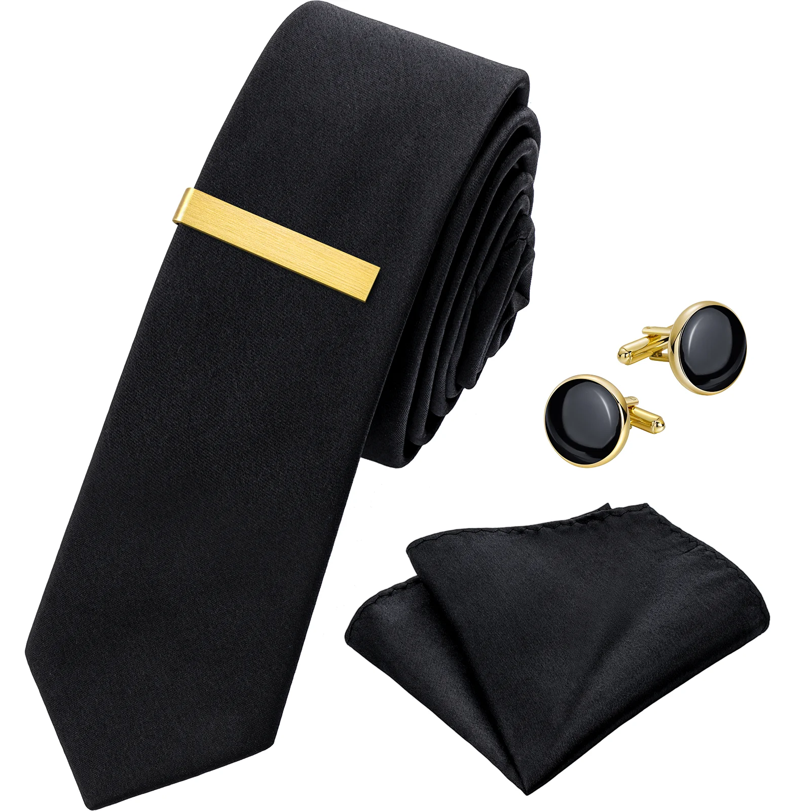

Классические черные галстуки и запонки, однотонный атласный платок на День отца, годовщину, свадьбу и деловую встречу.