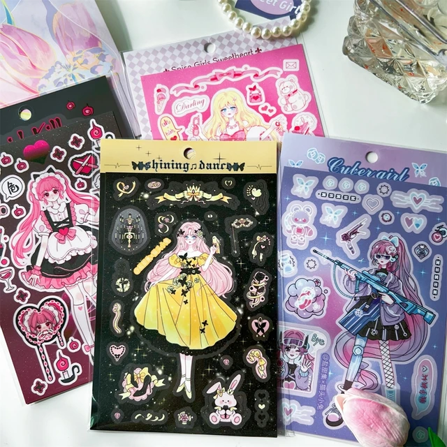 Korean Ins Cartoon Girl Laser Stickers Scrapbooking Decorative