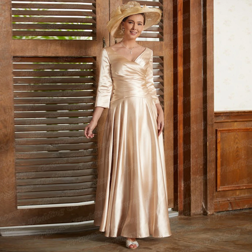 Champagne Gold Satin Wedding Guest Party Gown For Women Wear 3/4 Sleeve ...