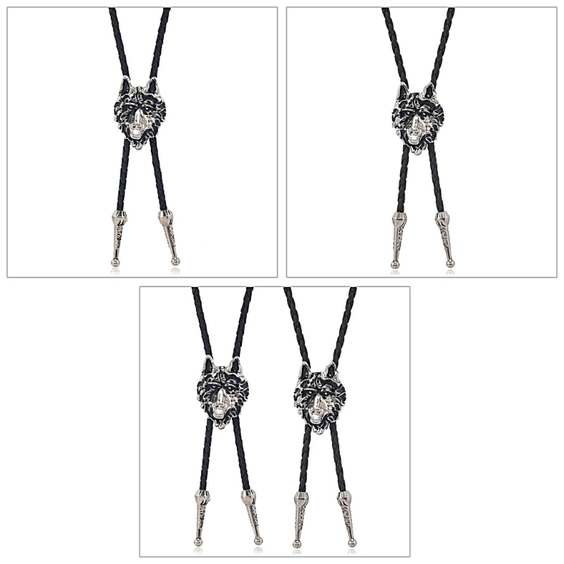 

American Bolo Tie Cowboy Artificial Leather Rope Metal Wolf Head Pendant Necktie M6CD