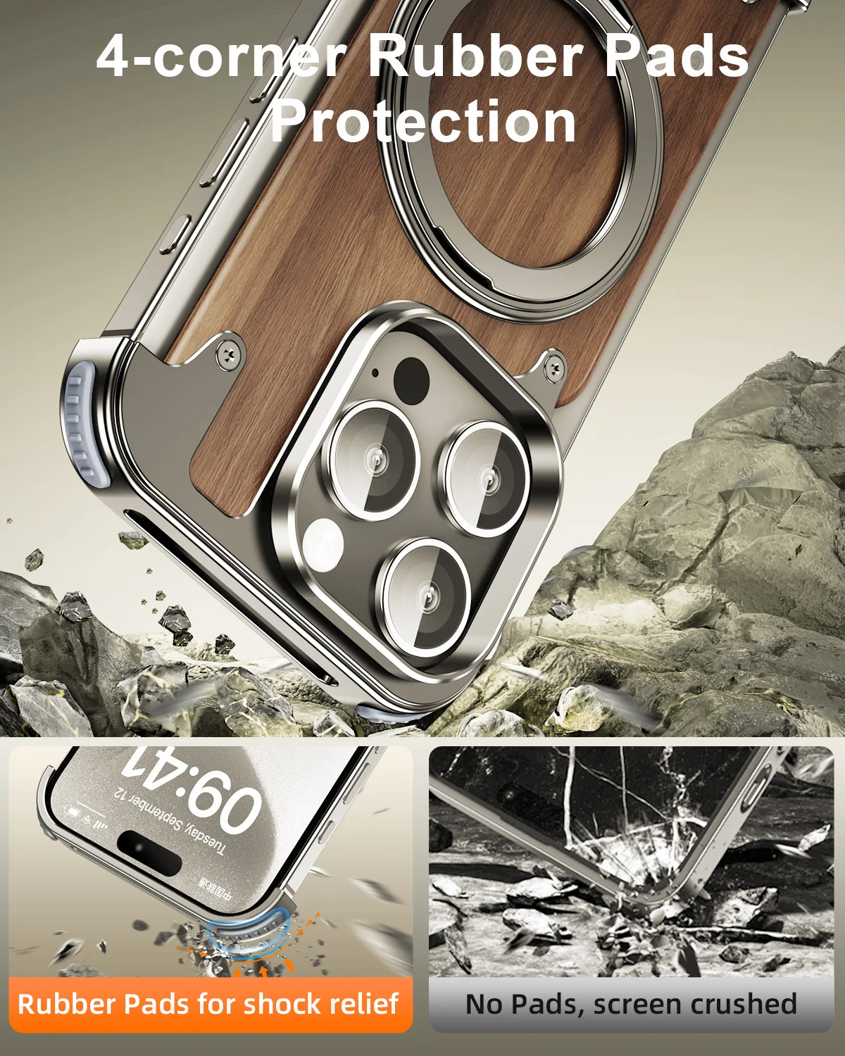 Oatsbasf Magsafe Magnetische Handyhülle für iPhone 14 15 16 Pro/Max Walnussholz Handyhülle mit 360 ° Stoßstange mit drehbarem Ringständer – Detail 2