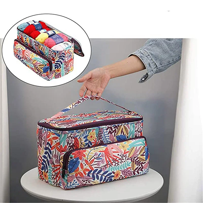 Yarn Storage Bag Sewing Crochet Kit Organizer 3 Holes Portable Oxford Knitting Bag for Unfinished Project DIY Tool Accessories