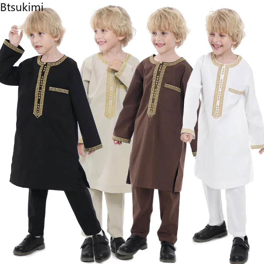 2024 Saudi Arabia Children Robe Muslim Clothes Kids Qamis Boy Jubba Thobe 2 Piece Set Islamic Clothing Men Party Abaya Kaftan ramadan muslim men jubba thobe 2 piece set saudi arabia djellaba pakistan kaftan dubai abaya tops
