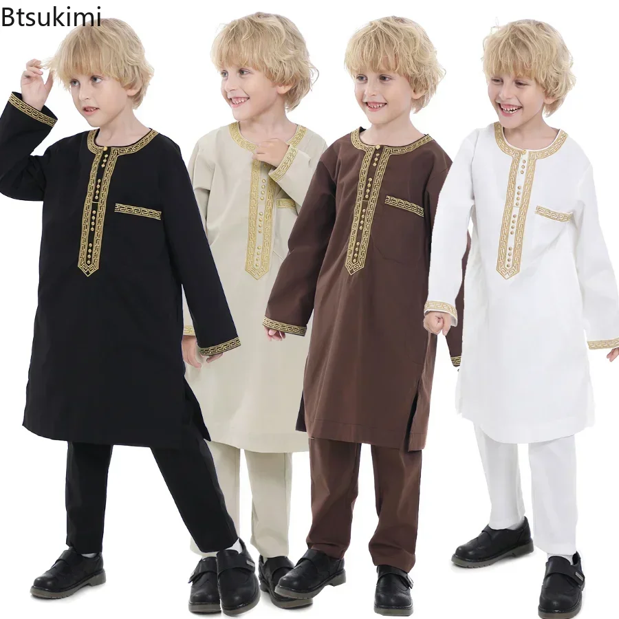 2024 Saudi Arabia Children Robe Muslim Clothes Kids Qamis Boy Jubba Thobe 2 Piece Set Islamic Clothing Men Party Abaya Kaftan new 2024 muslim jubba thobe clothes men hoodie ramadan robe kaftan abaya dubai turkey islamic clothing male casual loose robe