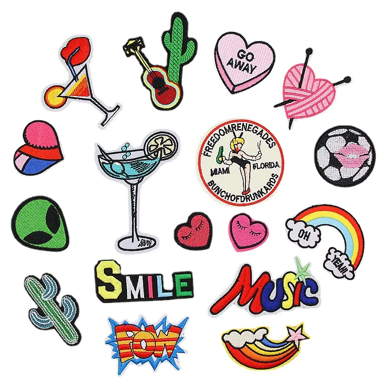

50pcs/Lot Luxury Anime Embroidery Patch Letter Heart Rainbow Football Lip Cactus Alien Music Drink Clothing Decoration Applique
