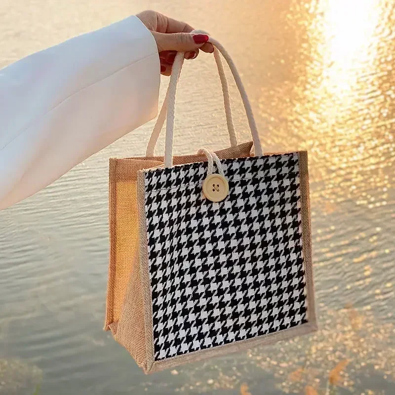여성용 점심 가방 Houndstooth 작은 점심 가방 식품 보관 토트 백 기능성 휴대용 여행 피크닉 야외