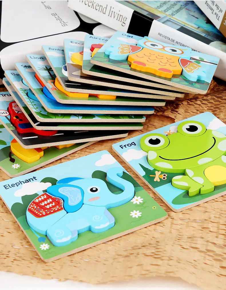 Toddler Puzzles Wooden Jigsaw 5.87 in with 3D Cartoon Animals Frog Elephant Owl Lion Shape Montessori Toys for Infant Kids 4