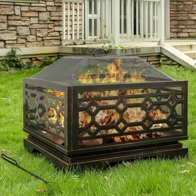 26 Inch Outdoor Wood Burning Fire Pit with Mesh Cover and Fire Poker Large Square Metal Fireplace Ideal for Patio Backyard Gard 1