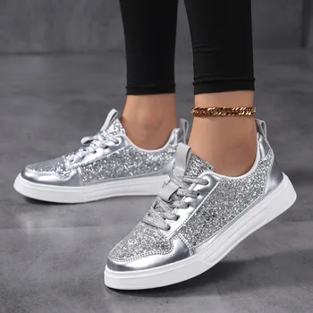 Women's Casual Board Shoes Leather Silver Sneakers Platform Sports Shoes Women Sneakers Spring Lightweight Walking Flat Shoes 1