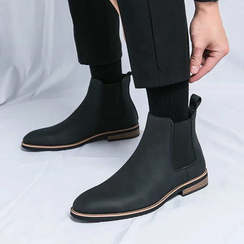Street Style Men's Pointed Brown Black Chelsea Ankle Boots British Designer Botas Trend Casual Luxury High-tops Punk Rock Shoes