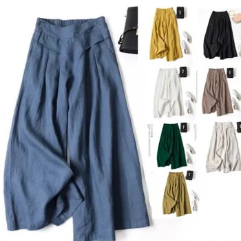 High-waisted cotton-linen wide-leg pants for women, loose semi-elastic pants that flatter the figure and are a mid-length pair