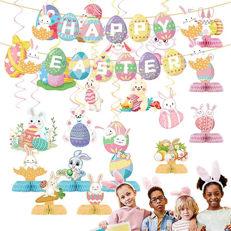 

Happy Easter Sign 2024 Spring Decorations For Home With 9 Paper Table Decors Swirls Easter Egg Bunny Set Flower Themed Decor